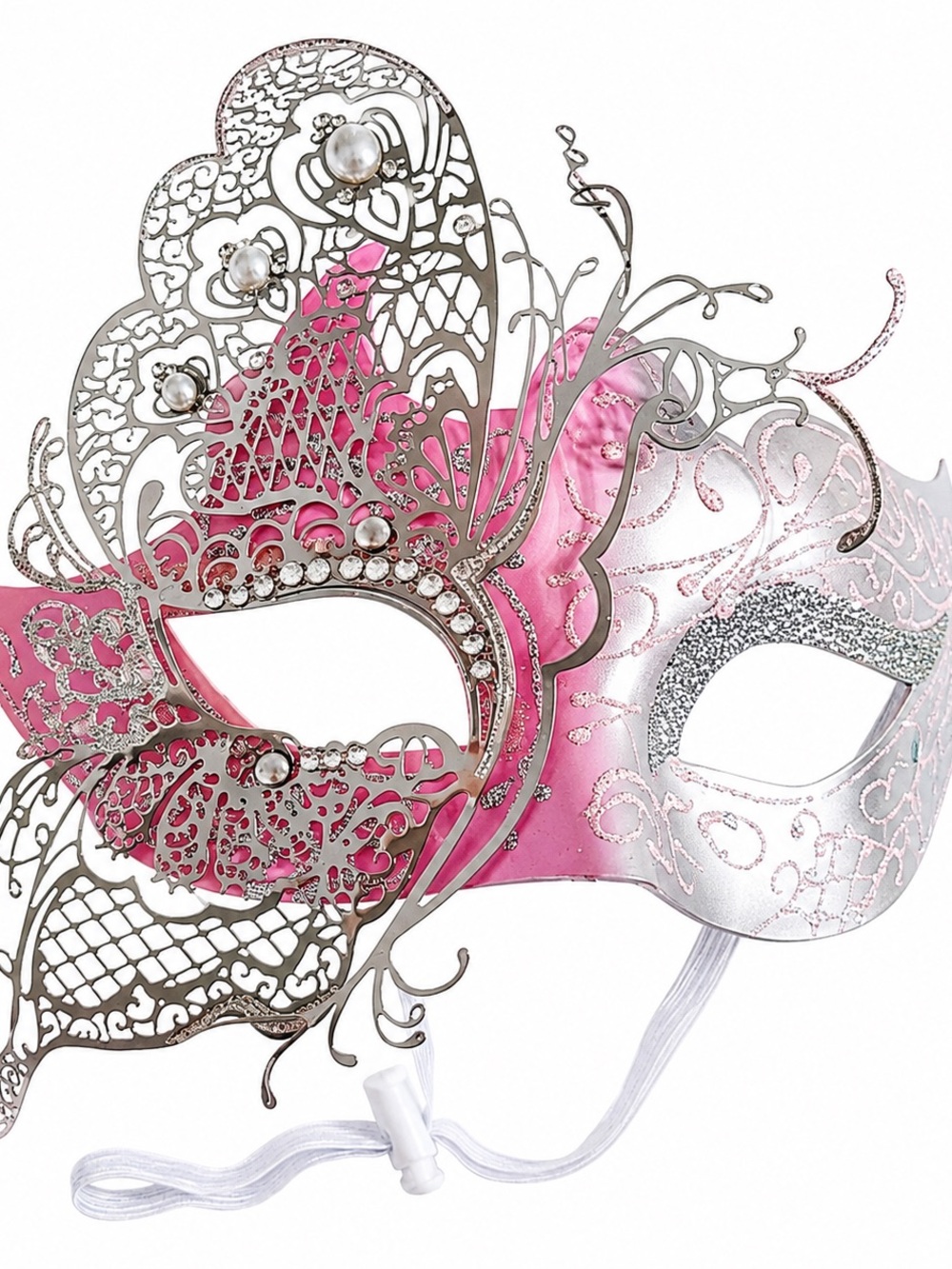 Pink Silver Venetian Masquerade Mask Butterfly Filigree Rhinestone Pearl - Picture 4 of 7